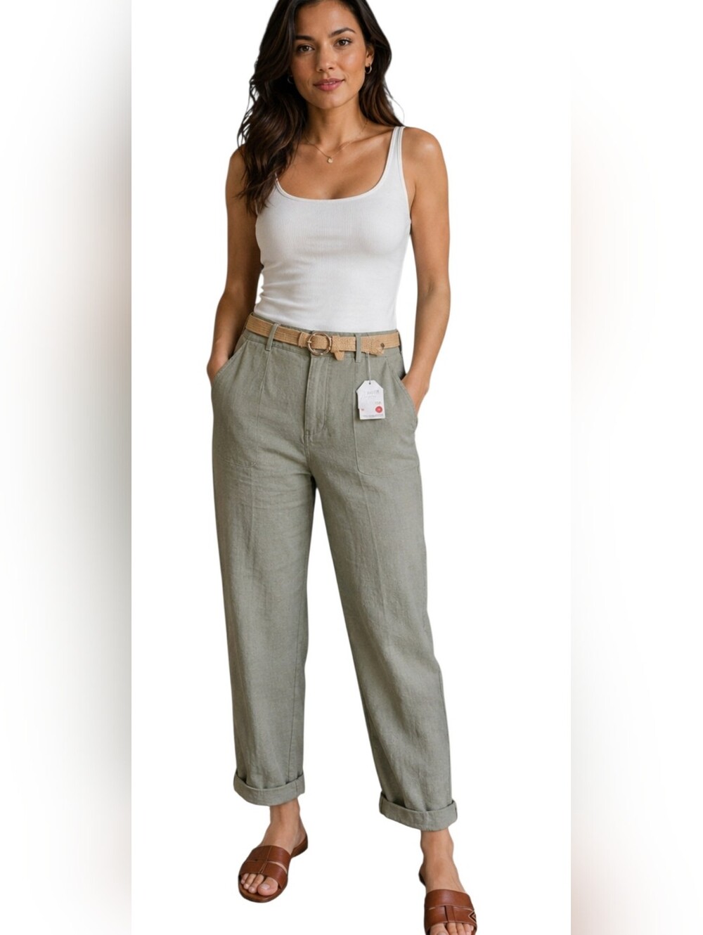 Zara Olive Green High-Rise Linen Trousers